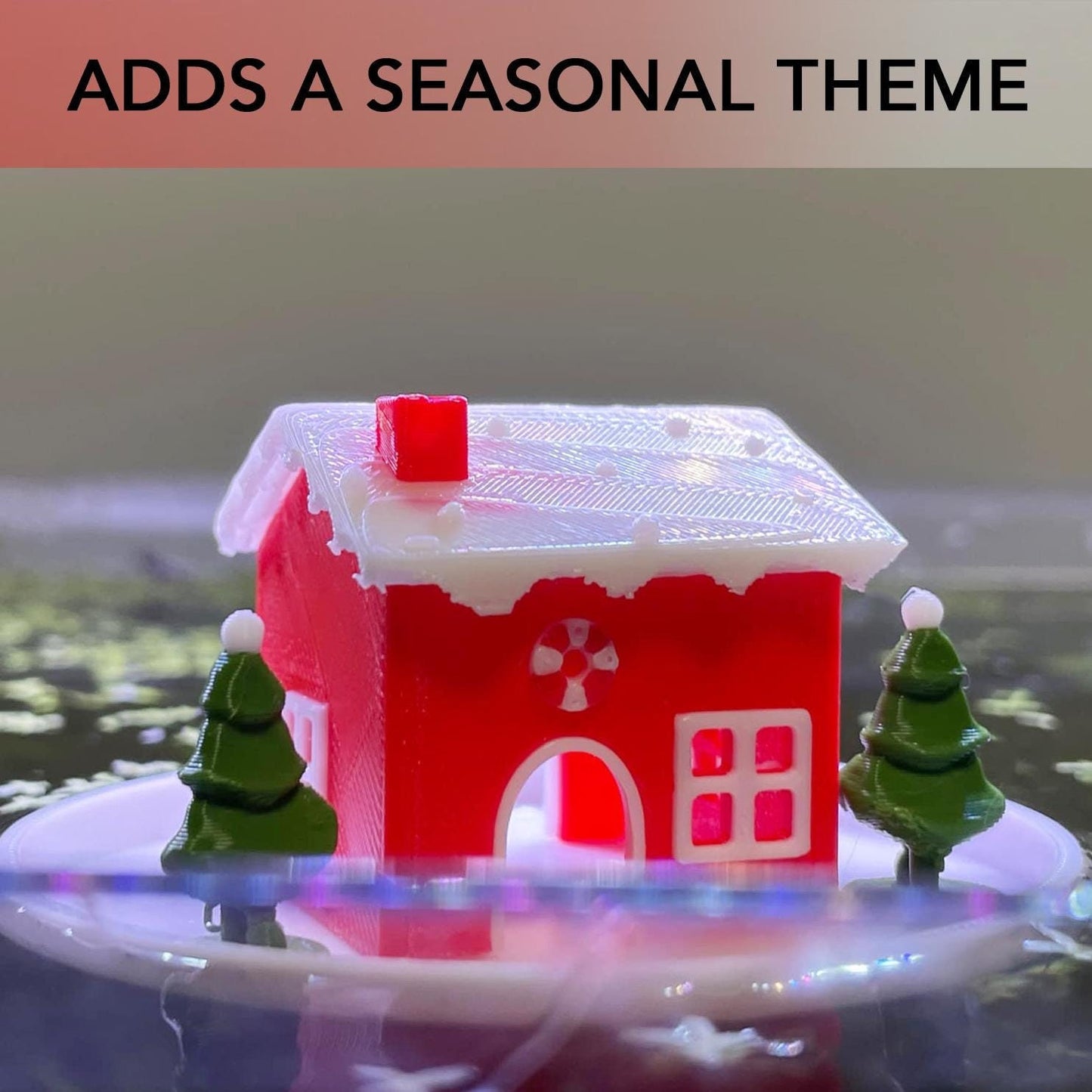 Floating Miniature House with Christmas Tree and Frosted Roof