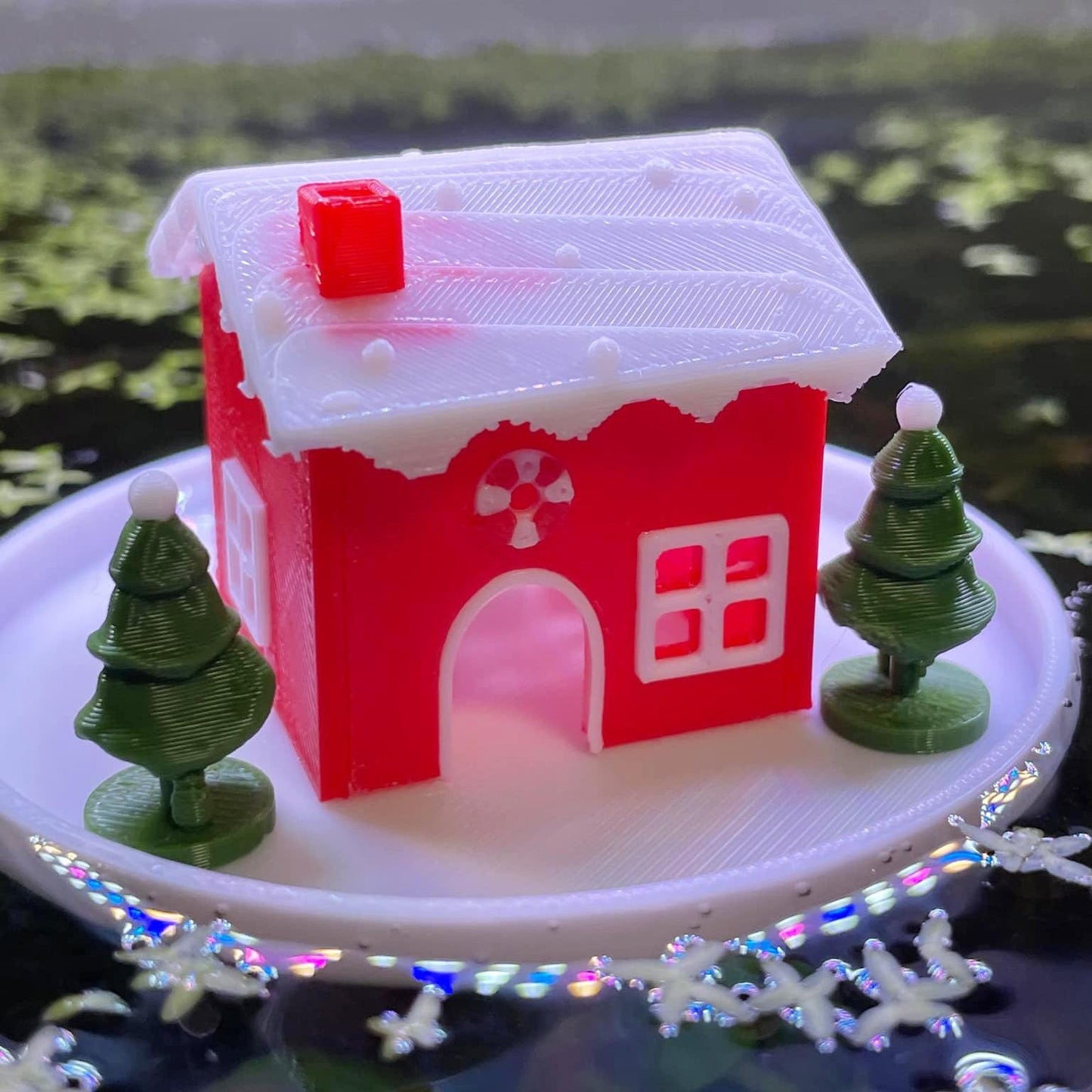 Floating Miniature House with Christmas Tree and Frosted Roof